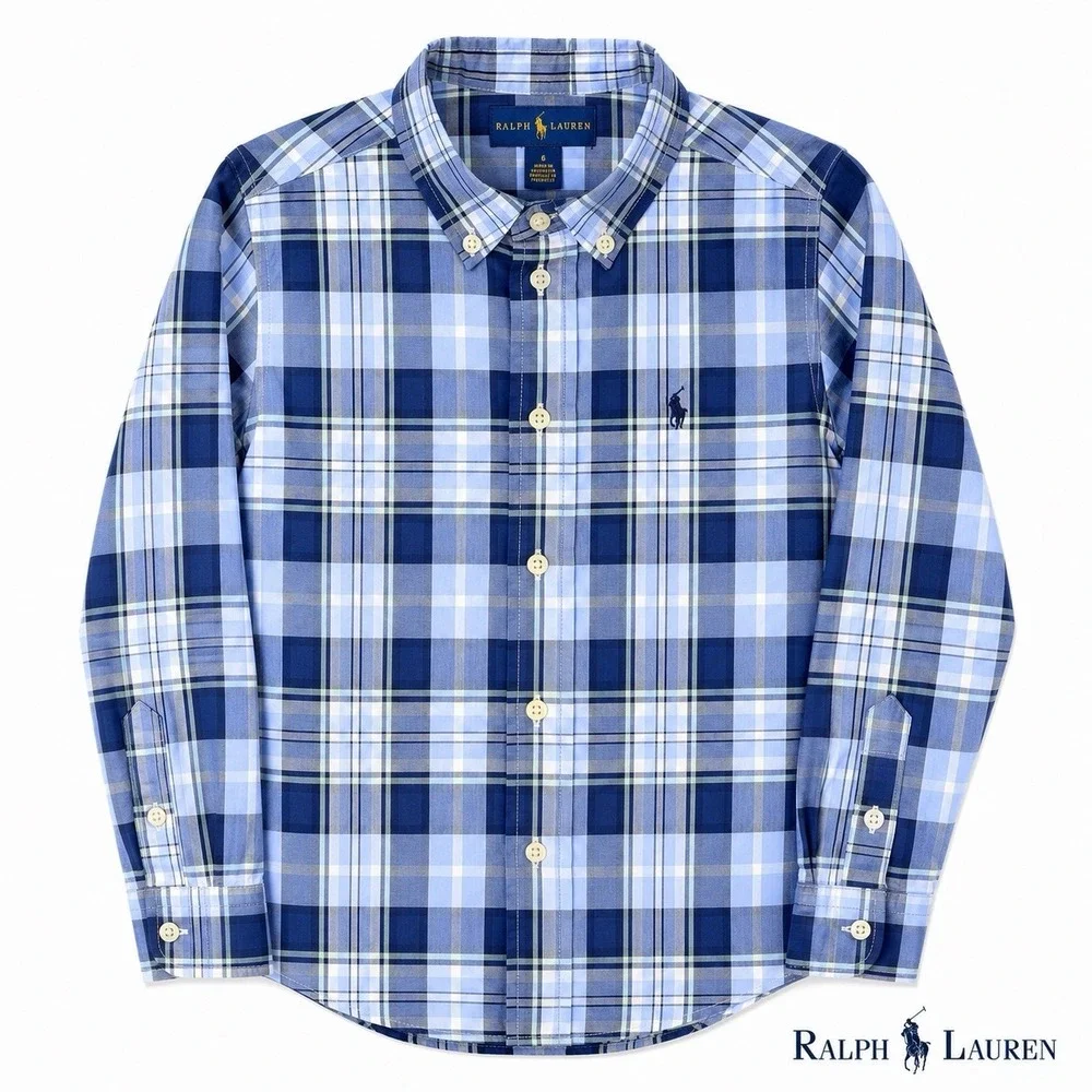 Ralph Lauren Boys Size 6 Blue Plaid Long Sleeve Button Down Cotton Shirt Preppy
